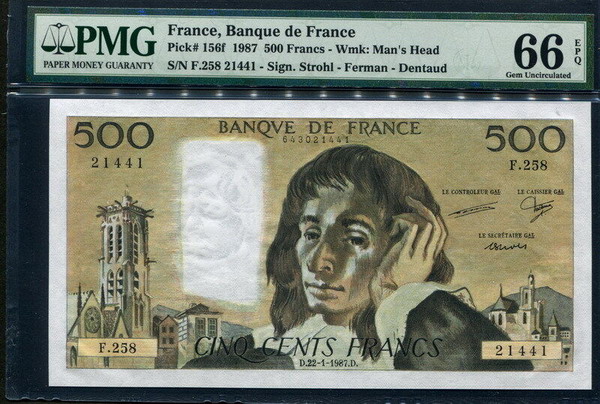 프랑스 France 1987, 500 Francs, F258-21441, P156f, PMG 66 EPQ GEM UNC 완전미사용